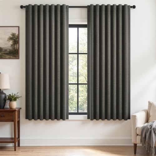 Dark Grey Black Out Curtains 63 Inch Long for Bedroom Back Tab with Rings Hooks Thermal Insulated Short Linen 100% Blackout Drapes Farmhouse Living Room Darkening Kitchen Curtains 52x63 (Carbon Grey / 52"W x 63"L (Pack of 2))