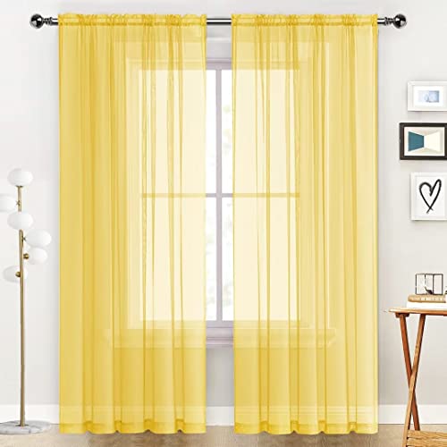 Sheer Voile Window Treatment Rod Pocket Curtain Panels for Kitchen Bedroom Living Room Drapes Sunlight Filtering Privacy Semi Home Decor Assorted Colors Sizes (Yellow / 52"W x 96"L (Pack of 2))