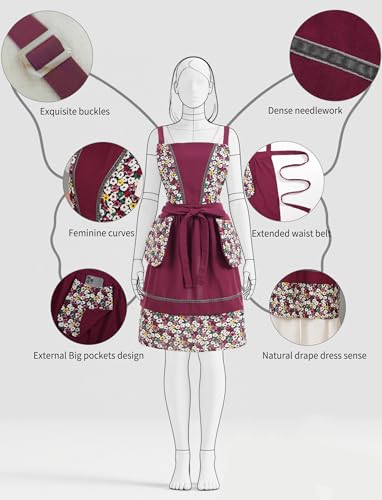 Kitchen Aprons for Women with Pockets Cute Floral Chef Pinafore Apron for Gardening Cooking Baking Painting (Burgundy)