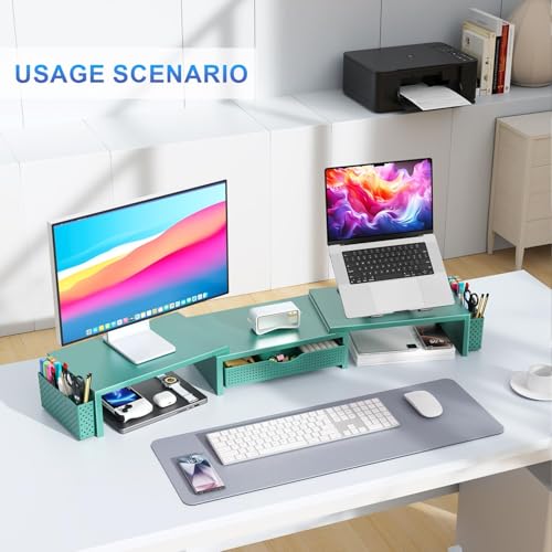 Dual Monitor Stand Riser With Drawer and 2 Pen Holders (Green)