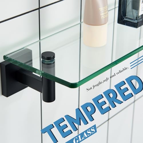 Bathroom Shelves Glass Floating Shelf 16 (Matte Black / 16-Inch(2 Pack))