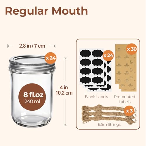 8 oz Mason Jars Bulk Set (8 fl oz x 24 - Regular Mouth)
