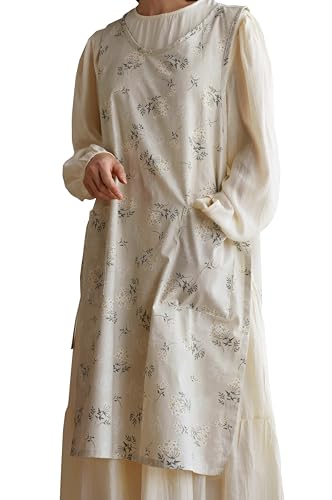 Japanese Cotton Linen Cross Back Work Apron for Women with Pockets Pinafore Dress Smock (02-flower)