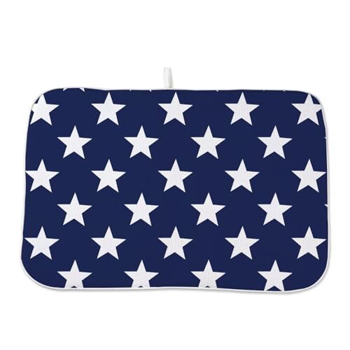 4th of July Dish Drying Mat 18 x 24 inch Independence Day Blue Stars Decorative Drying Mats Microfiber Absorbent Holiday Patriotic Dish Washable Draining Mat for Kitchen Counter Decor (24" x 18" / Blue Stars)