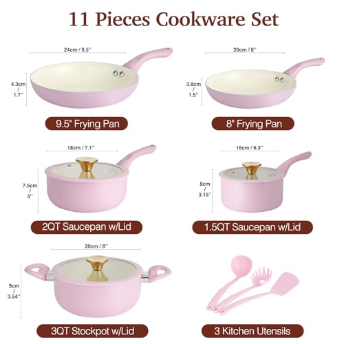 Pots and Pans Set Non Stick (Pink / 11 Piece)