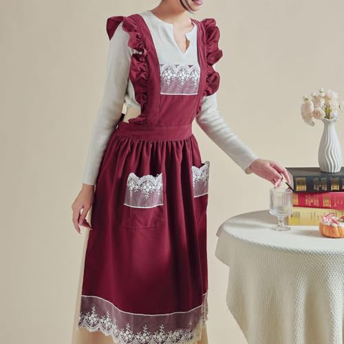 Cute Cotton Apron Frilly Lace Ruffle Adjustable Pinafore Apron Dress with Pockets for Cooking Baking Cleaning Gardening (Carmine)