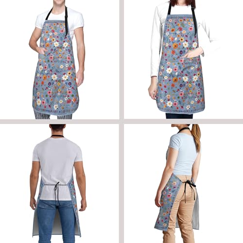 Flower Apron with 2 Pockets Blue Adjustable Neck Strap Chef Apron for Women Cooking Garden Painting (33" x 28"(Pack of 1) / Watercolor Flowers Blue)