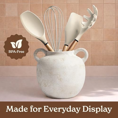 Non Stick Silicone Utensil Set with Rounded Wood Handles for Cooking and Baking (8 Piece Set / Khaki)