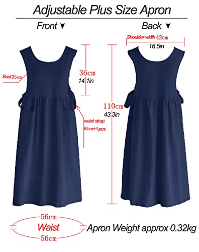 Women Plus Size Cotton Linen Vintage Pleated Split Apron Pinafore Dress with Two Pockets (Navy / 43.4"L)