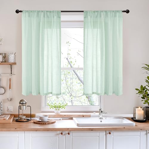 Light Green Linen Curtains 40 Inches Long (Sage Green / 42"W x 40"L (Pack of 2))