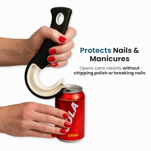 Ring Pull Can Opener for Soda and Food Cans Arthritis Aid with Non Slip Grip for Seniors Kids and Nail Protection Manual Pull Tab Tool for Easy Open Cans Black Dishwasher Safe (1 Pack)