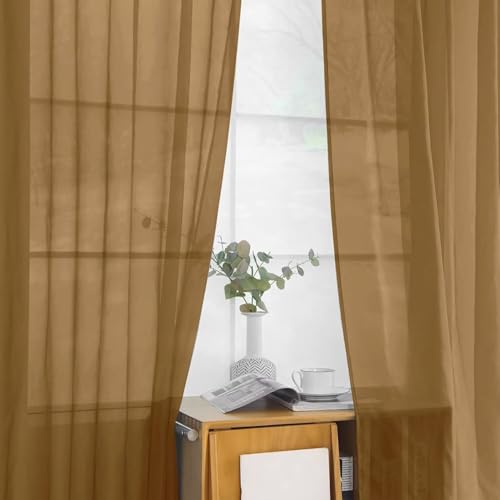 Solid Sheer Rod Pocket Curtain Voile Draperies 2 Panels White Beige Black Grey Ivory 52 Inch Width 45 Inch Long 1 Pair for Kitchen Bedroom Children Living Room Yard (Light Brown / 52"W x 45"L (Pack of 2))