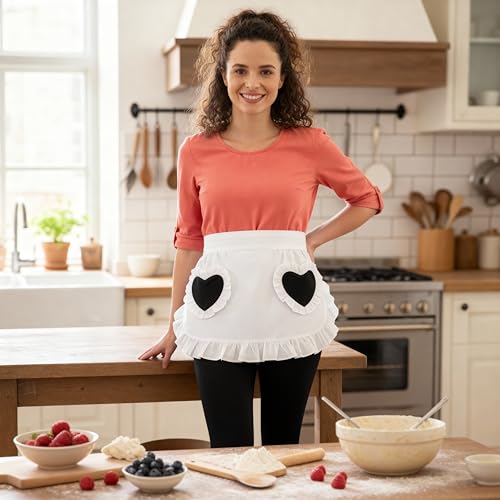 Waist Apron Kitchen Cooking Restaurant 100% Cotton Bistro Half Aprons with Pockets For Girl Woman (Blk Red Hearts)