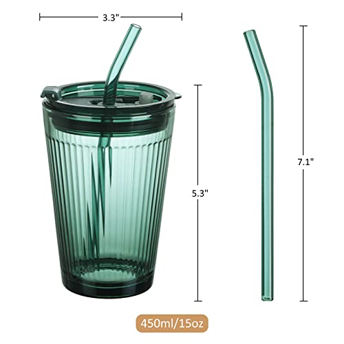 Glass Tumbler with Straw and Lid (Green-1)