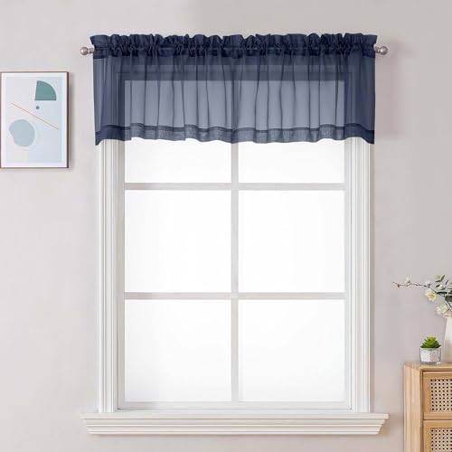 Navy Blue Sheer Valances for Windows (Navy Blue / 42"W x 16"L (Pack of 2))