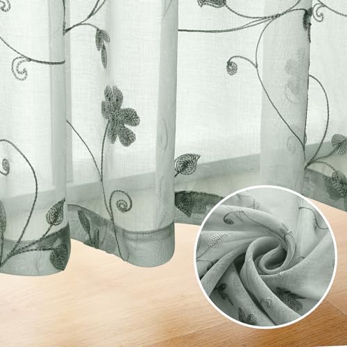 Sage Green Sheer Curtains 63 Inches Length 2 Panels Embroidered Floral Pattern Semi Sheer Window Curtains for Bedroom Living Room (52"W x 63"L (Pack of 2) / Sage Green)