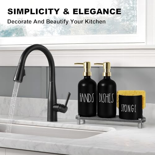 Hand and Dish Soap Dispenser Set (Black Bottle+gold Pump)