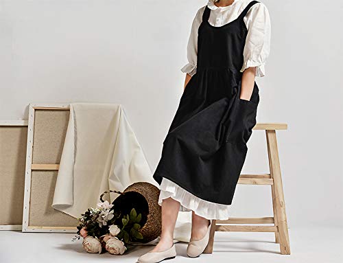 Japanese Cotton Cross Back Pinafore Apron for Women with Pockets Black (03 - Black Without Waist Ties)