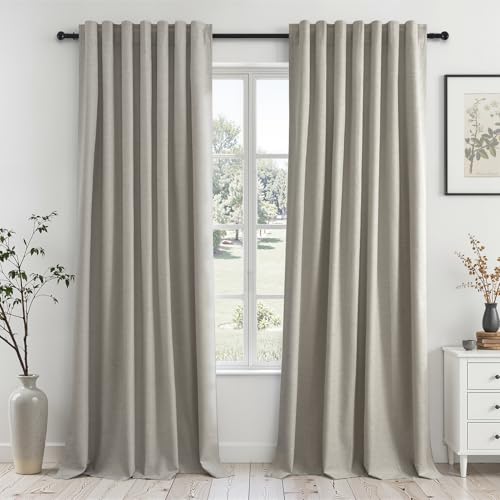 100% Blackout Grey Linen 96 Inch Length Curtains for Living Room 100% Blackout Pleated Drapes Noise Reducing Thermal Insulated Curtain Panels for Bedroom 2 Panels Flax Grey (Flax Grey / 52"W x 96"L (Pack of 2))