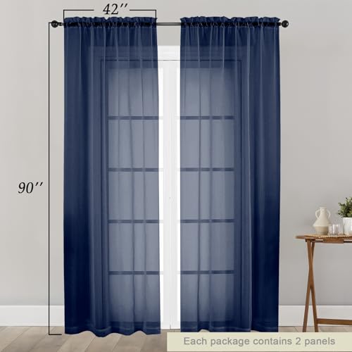Sheer Navy Blue Curtains for Bedroom Living Room 90 Inches Long 2 Panels Set (Navy Blue / 42"W x 90"L (Pack of 2))