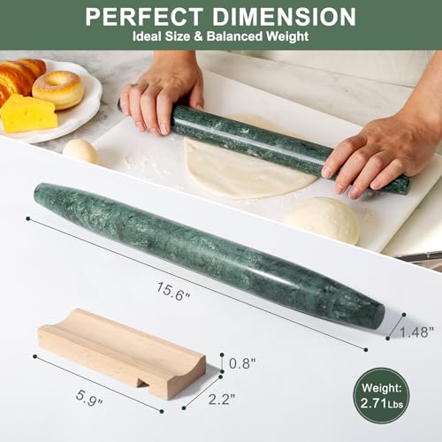 Natural Marble Rolling Pin for Baking (15.6"x1.48"-Green)