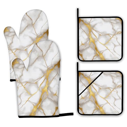Marble Oven Mitts and Pot Holders Set (Marble White Gold Flowing Marble)