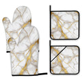Marble Oven Mitts and Pot Holders Set (Marble White Gold Flowing Marble)