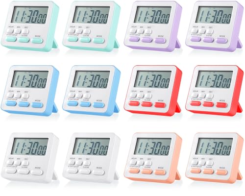 12 Pcs Digital Kitchen Magnetic Timer Bulk Classroom Count up Countdown Egg Timer Cute Desk Stopwatch for Back to School Teacher Kids Cooking Office (Classic Style / Pastel Colors)