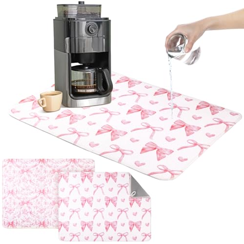 2 Pcs Pink Bow Dish Drying Mats for Kitchen Counter 18 x 24 Inch (Pink Bow)