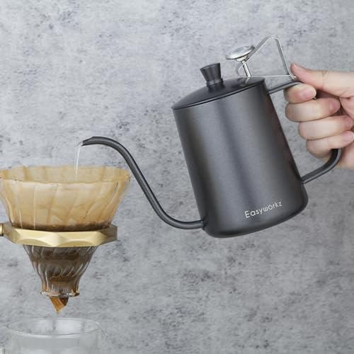 Gage Gooseneck Pour Over Coffee Kettle 20 oz with Thermometer Stainless Steel Hand Drip Coffee Pot With Long Narrow Spout (Black)