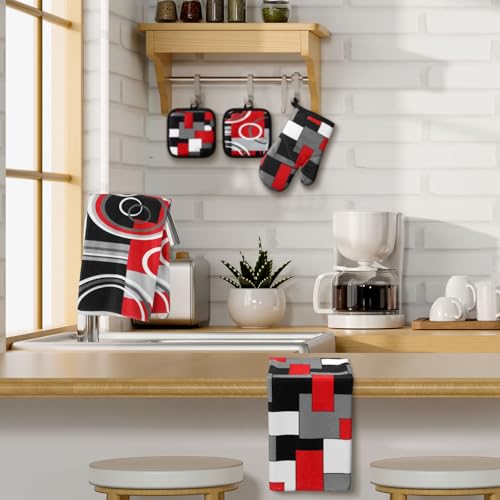 6 Pcs Kitchen Decor Set Accessorie Farmhouse Kitchen Towels Pot Holders Oven Mitts Set 2 Dish Towels 2 Pot Holders 2 Cooking Mittens Oven Glove for Cooking (Red and Black / Geometric)