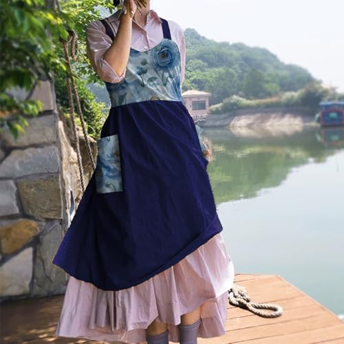 Cotton Linen Apron Cross Back Apron for Women with Pockets Pinafore Dress (Flora Navy Blue)