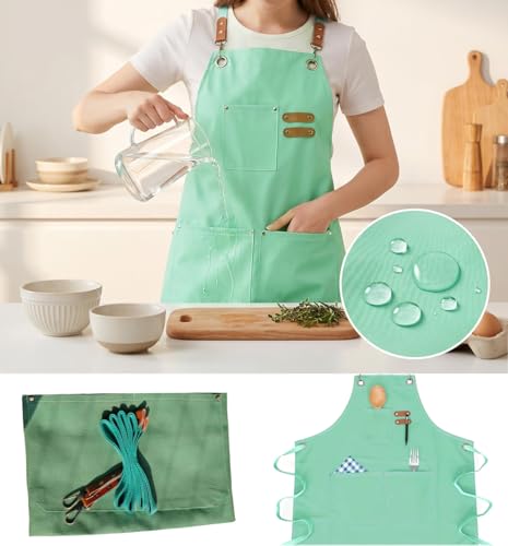 Canvas Cross Back Chef Cotton Aprons for Men Women (Light Green+purple+red)