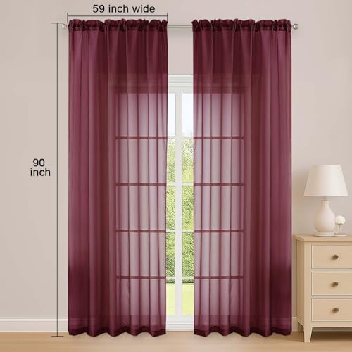 Sheer Curtains 2 Panels Set for Bedroom Living Room (Burgundy Wine / 59"W x 90"L (Pack of 2))
