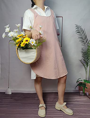 Cotton Cross Back Aprons Solid Color Cooking Kitchen Garden Smock for Women Girls with Pockets (Pink / 37W x 32L)