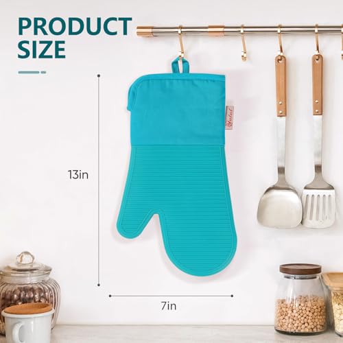 Silicone Oven Mitts (2PCS-13"L x 7"W/GREEN-Striped Surface)