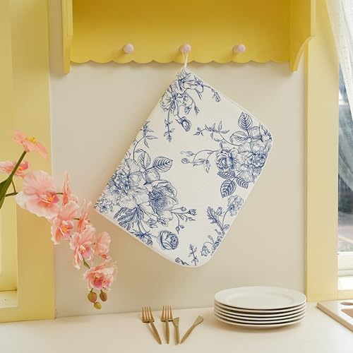 Chinoiserie Floral Dish Drying Mat 18 x 24 inch Vintage Blue Flower Decorative Drying Mats Microfiber Absorbent Dish Washable Draining Mat for Kitchen Counter Decor (18" x 18" / Chinoiserie)