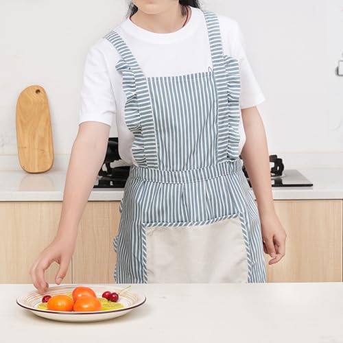 Cute Cotton Apron for Women (Medium / Blue/Grey Striped)