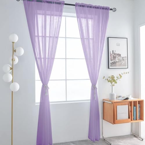 Sheer Voile Window Treatment Rod Pocket Curtain Panels for Kitchen Bedroom Living Room Drapes Sunlight Filtering Privacy Semi Home Decor Assorted (Lavender / 52"W x 54"L (Pack of 2))