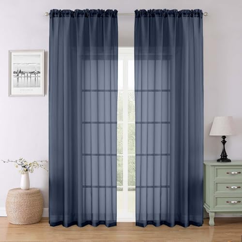 Navy Blue Sheer Curtains 90 Inches Long 2 Pcs (Navy Blue / 59"W x 90"L (Pack of 2))