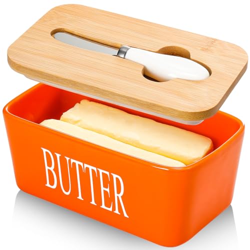 Ceramic Butter Dish with Lid and Knife Silicone Seal for Countertop Orange (Orange)