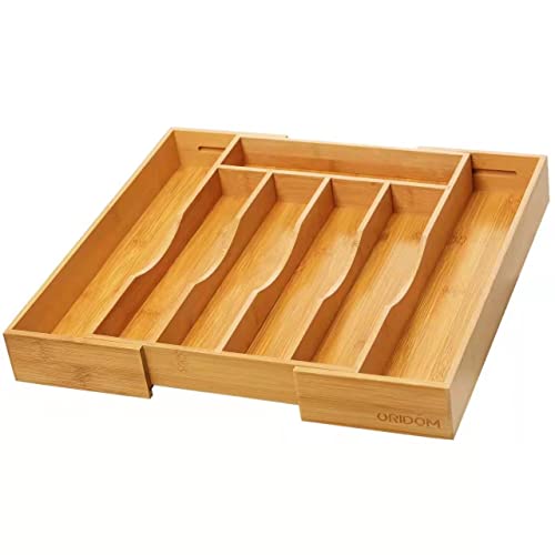 Expandable Bamboo Kitchen Drawer Organizer for Cutlery and Utensils (7 Slots Expandable / Natural)
