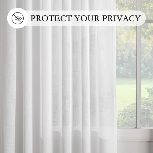 White Linen Curtains 96 Inches Long for Sliding Glass Door Semi Sheer Curtains Light Filtering Drapes Living Room Window Treatment Soft Boho Farmhouse Style (50"W x 96"L (Pack of 2) / Pure White)
