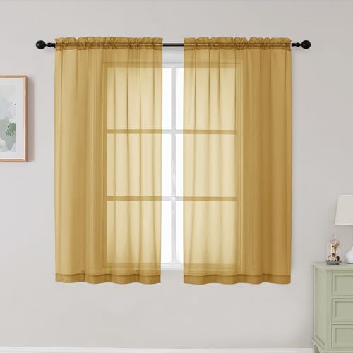 Gold Sheer Curtains for Bedroom Living Room 45 Inch Length 2 Panels (Gold / 42"W x 45"L (Pack of 2))