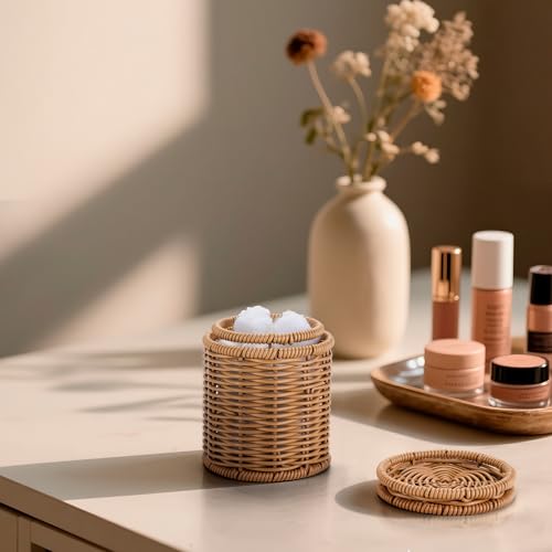 Rattan Q tip Holder with Lid (3.94" x 3.94" x 4.73")