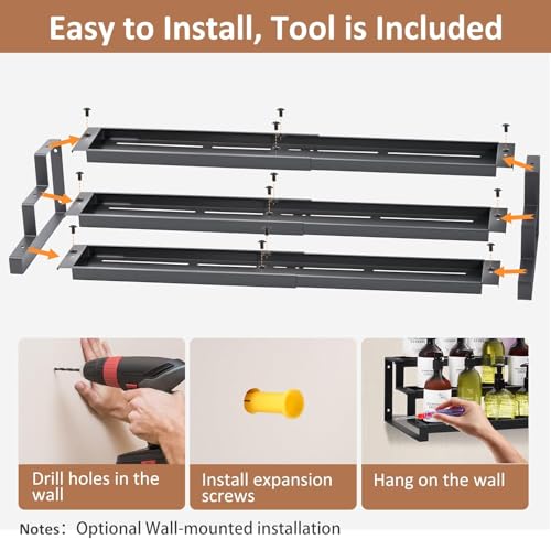 Expandable Spice Rack Organizer for Cabinet (Large-Black - Fits 10.9" Deep Cabinet)