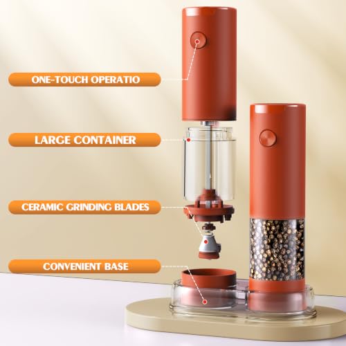 Electric Salt and Pepper Grinder Set Automatic Battery Pepper Mill Shakers Adjustable Coarseness Upgraded Larger Capacity with Led Home and Kitchen Appliances (Wine Red)