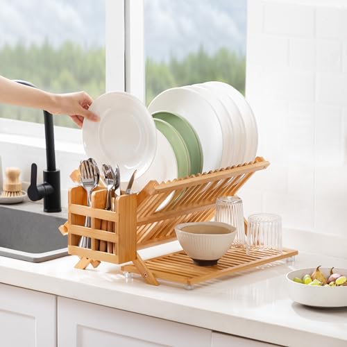 Bamboo 3 Tier Dish Drying Rack with Utensil Holder