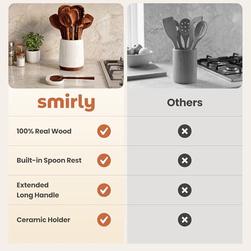 Walnut Wooden Utensil Set with Ceramic Holder & Spoon Rest (Walnut / 12 Piece Set with Holder)