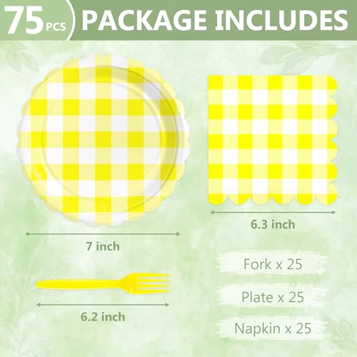 75 Yellow Gingham Paper Plates&Napkins Disposable for Party (Yellow Gingham 75 Plates Set / 7-inch Set)